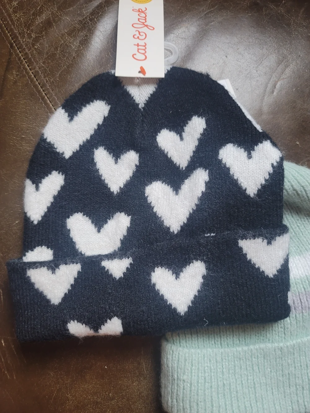 Cat & Jack Kids' Black & White Heart Beanie & Mint Stripe Knit Hat Set